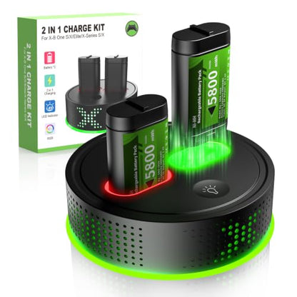 Rechargeable Battery Pack for Xbox One/Series X/S,2 x 5800mWh Rechargeable Batteries with RGB Charger Station,Fast Charging Battery Station for Xbox One S/X/X-Sereies S/X