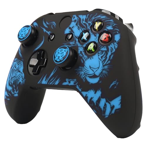 Tiger Controller Skin Cover Compatible with Xbox one Controller, RALAN Protector Case, Customised Thumb Grips Caps - color: Tiger Black Blue