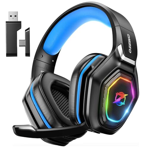 Ozeino 2.4GHz Gaming Headset Wireless with Flip Mic for Ps5, Ps4, PC, Gaming Headphones with RGB Light, 40Hr Battery Bluetooth Headset for Laptop, Mobile, Mac - color: Blue