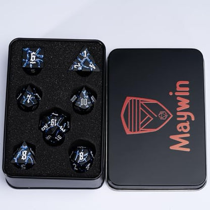 Cracked Rune Metal Dice Set for DND & RPG – Dark Fantasy Fractured Design, Premium Heavy Metal Polyhedral Dice with Deep Engraved Numbers, 7-Piece Set – Blue Arcane Vein - color: Matte Black Blue