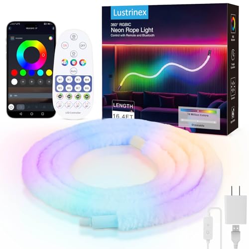 LED Neon Rope Lights, 16.4ft RGBIC 360° Luminous 5v USB Bluetooth APP Control Music Sync IR Remote Color Changing Smart LED Strip Lights for Bedroom Gaming Party Decor - size: 16.4FT