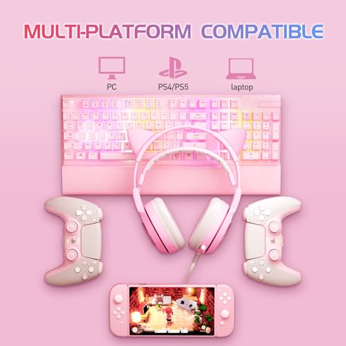 SOMIC G951pink Gaming Headset for PC, PS4, PS5, Laptop, Cat Ear Headphone USB Gaming Headphones with Mic Noise Cancelling, LED Light, 7.1 Virtual Surround Sound for Girls, Women - color: Pink