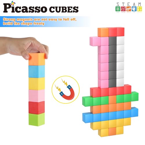 PicassoTiles Magnet Cube Building Blocks 1.2" 3CM Magnetic Cubes Toy Construction Building Educational Sensory Toys with Idea Booklet for School & Preschool Kids Boys Girls Toddlers PMC301 - color: Multicolor