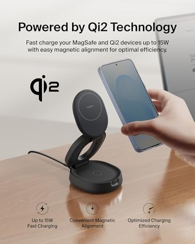 Belkin Qi2 15W Magnetic Wireless Charging Station, 2-in-1 Phone Stand | MagSafe compatible, iPhone 17/16/15, Apple Watch, AirPods, Pixel 10, portable charger stand, 30W adapter - color: Black, style: 2 in 1