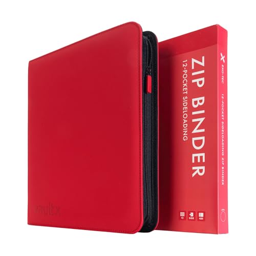 Vault X 12 Pocket Zip Trading Card Binder 480 Cards Exo-Tec (Red) | Holds 480 standard-size TCG cards in 20 side-loading 12-pocket pages. Padded, water-resistant Exo-Tec cover. - color: Red, size: 12 Pocket