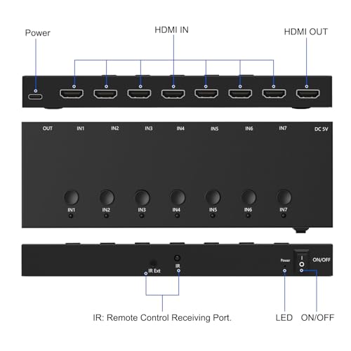 Y.D.F 7 Port HDMI Switch, 4k@60Hz HDMI Switcher 7 in 1 Out HDCP 2.0 Manual HDMI 2.0 Hub Support 3D Compatible with Nintendo Switch/OLED/Xbox/ PS5/4 Blu-Ray Player Fire Stick Roku Apple TV Chromeca - size: HDMI Switch 7 Port 4K New Version