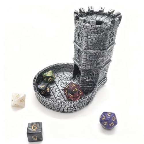 Tower Castle Retro DND Dice Rolling Tower Dice Tower Dungeons and Dragons Dice Jail D&D Accessories (Random 7PCS D20 Dice Set Included) Silver