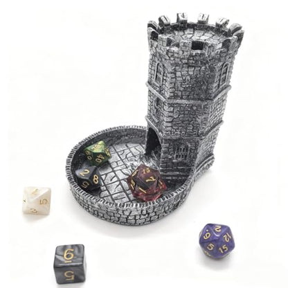 Tower Castle Retro DND Dice Rolling Tower Dice Tower Dungeons and Dragons Dice Jail D&D Accessories (Random 7PCS D20 Dice Set Included) Silver