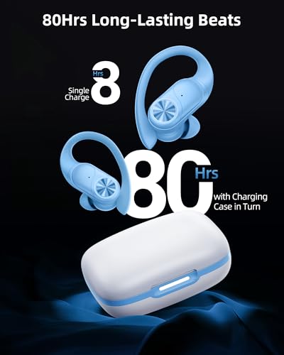 PocBuds Bluetooth Headphones Wireless Earbuds 80hrs Playtime Wireless Charging Case Digital Display Sports Ear Buds with Earhook Deep Bass IPX7 Waterproof Over-Ear Earphones for TV Phone Laptop Blue - color: Blue, style: Standard