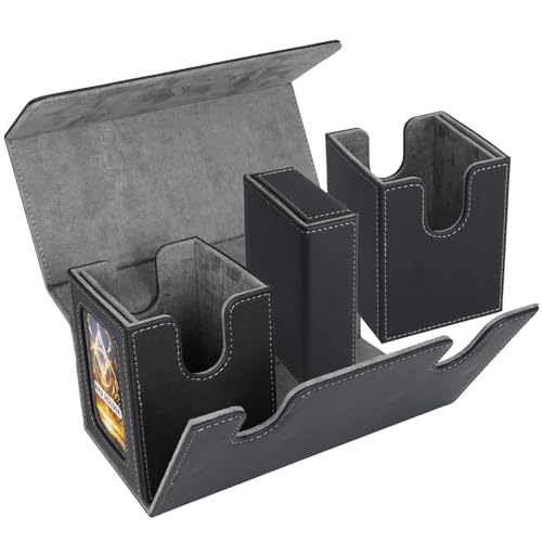 AFIING MTG Commander Card Storage Box - Fits 200 Double Sleeved Cards,3-in-1Card Deck Case,Strong Magnet Card Organizer For Magic Commander TCG CCG,4Dividers &2 Toploaders, Black/Grey - color: Black Grey
