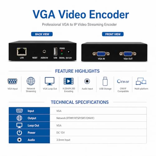 1080P 60fps VGA Video Encoder with VGA Local Loopout, Supports SRT RTMP RTSP UDP Multicast HTTP HLS ONVIF, IPTV Compatible, Live Stream Encoder for YouTube Facebook Twitch - color: VGA EnCoder 1080P [EN-VVN02]