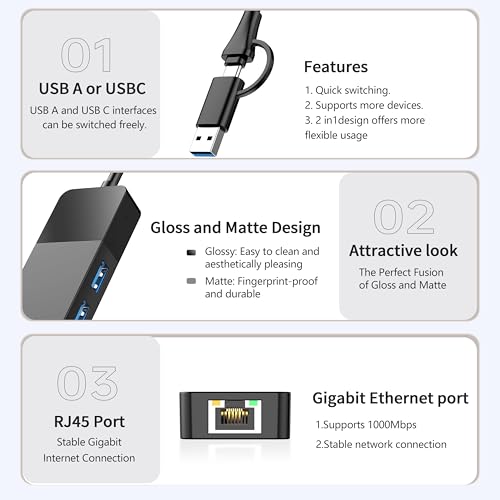 ALL-LUCKY USB to Ethernet Adapter, 4 in 1 USB C to Ethernet Adapter Hub with 3 x USB 3.0 Port/Gigabit Internet Port, High-Speed Network Hub Compatible for iMac,MacBook Pro - size: 1FT -4 in 1 USB A/C to Ethernet Adapte