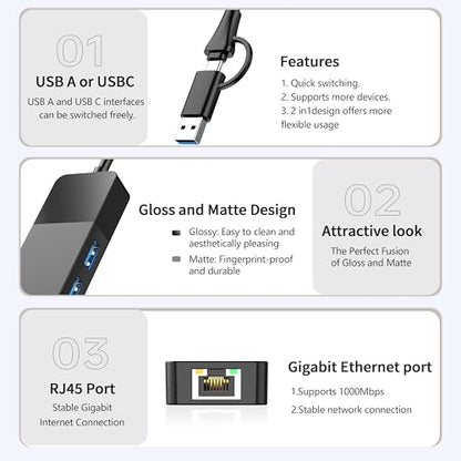 ALL-LUCKY USB to Ethernet Adapter, 4 in 1 USB C to Ethernet Adapter Hub with 3 x USB 3.0 Port/Gigabit Internet Port, High-Speed Network Hub Compatible for iMac,MacBook Pro - size: 1FT -4 in 1 USB A/C to Ethernet Adapte
