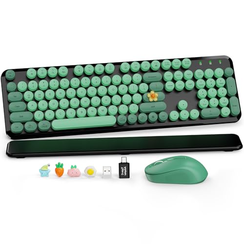 Wireless Keyboard and Mouse, Round Keycap, Magnetic Wrist Rest, Green Black | Full-Size Retro Typewriter Style, One USB Receiver, Type-C Adapter, Tilt Legs, Removable Keys, Auto Sleep, Windows & Mac Use - color: Green Black