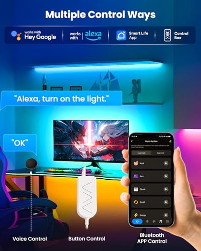 9.84ft LED Lights for 32-43 Inch TV, RGB+IC TV Lights Backlight Strip Behind, with 44 Scene Modes, Bluetooth APP and Voice Control, Music Sync Smart Ambient Lighting for Gaming, Bedroom, Living Room - size: 9.84ft