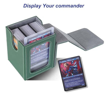 AFIING MTG Deck Box for Commander Display,Card Deck Box Fits 100 Double Sleeved Cards, Magic Commander TCG Card Storage case with 2 Dividers,Dice Bag and 1 Toploader(Green/Grey) - color: Commander Green Grey