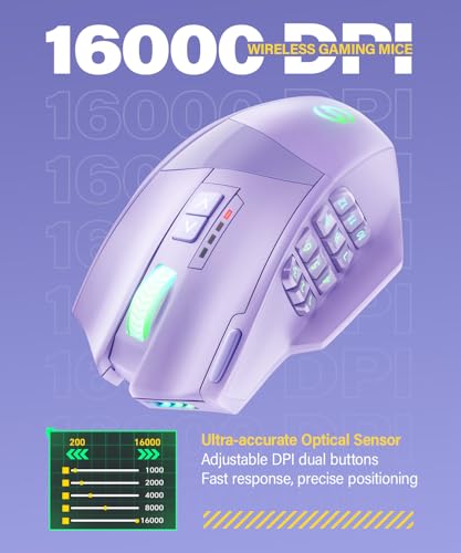 UtechSmart Venus Pro Wireless MMO Gaming Mouse, 16,000 DPI Optical Sensor, Wired/Wireless Dual Modes, 16M Chroma RGB Lighting, 16 Programmable Buttons, Ergonomic Design, Up to 70H, Purple - color: Purple