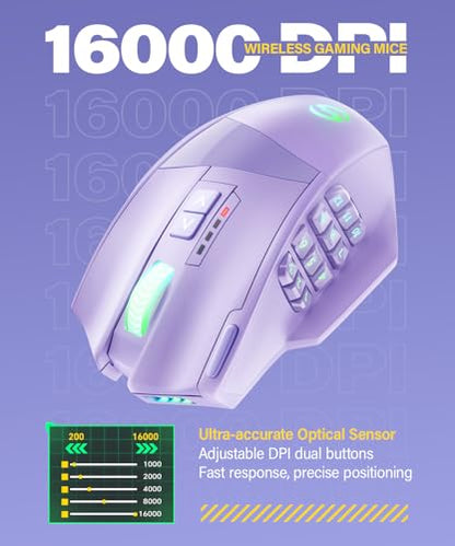 UtechSmart Venus Pro Wireless MMO Gaming Mouse, 16,000 DPI Optical Sensor, Wired/Wireless Dual Modes, 16M Chroma RGB Lighting, 16 Programmable Buttons, Ergonomic Design, Up to 70H, Purple - color: Purple
