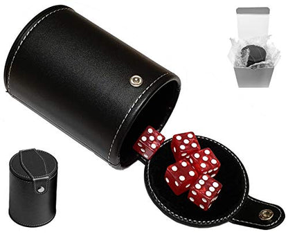 Cyber-Deals Set of 16mm Marbleized Dice and Black PU Leather, Velvet Lined Dice Cup with Storage Compartment (Gift Boxed) (Red Dice, Black Lining Cup) - color: Red Dice, Black Lining Cup