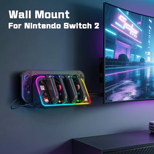 Switch 2 Wall Mount, Wall Mount Stand for Nintendo Switch 2 (2025) Console with 4 Joy Con Charger Ports and 7 RGB Modes Light, Space Saving Dock with Cooling Vent Design & Easy Installation