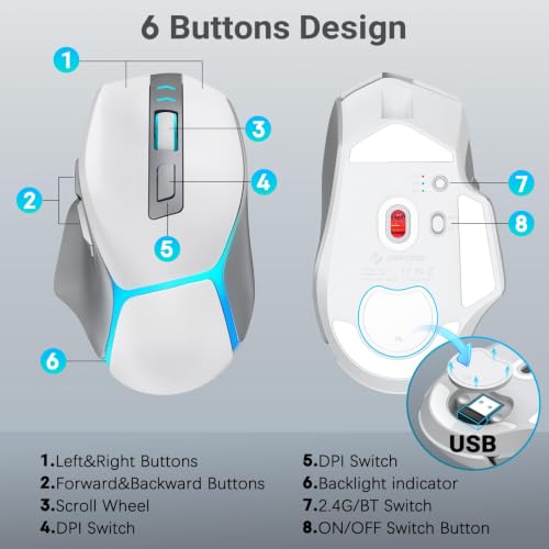JOYACCESS Wireless Gaming Mouse, Supports Bluetooth/2.4g/Wired Connections 12500 DPI, 1000hz, Rechargeable, 20m Clicks, 6 Buttons, RGB Backlit Ergonomic Mouse for Windows/Mac Gamers (Silver-Gray) - color: Silver-Gray