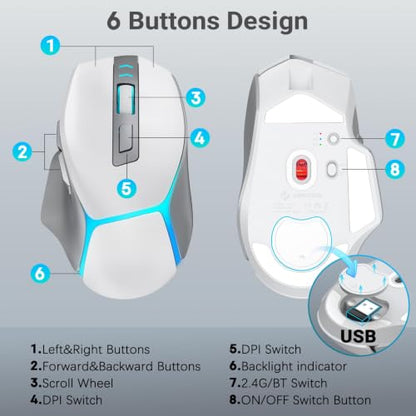 JOYACCESS Wireless Gaming Mouse, Supports Bluetooth/2.4g/Wired Connections 12500 DPI, 1000hz, Rechargeable, 20m Clicks, 6 Buttons, RGB Backlit Ergonomic Mouse for Windows/Mac Gamers (Silver-Gray) - color: Silver-Gray