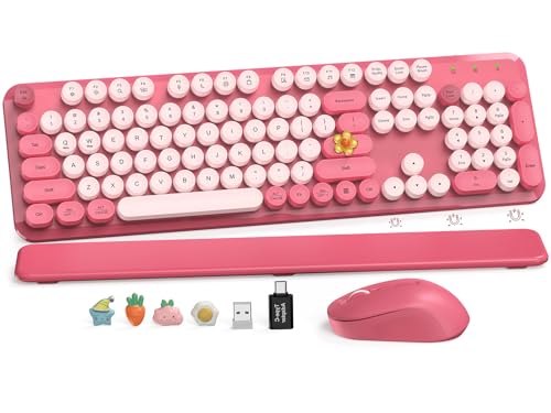 Wireless Keyboard and Mouse Combo, Round Keycaps, Magnetic Wrist Rest, Pink | Full-Size Retro Typewriter-Style Keyboard, Tilt Legs, Auto Sleep, 2.4GHz Cordless for MacOS, Windows PC, Laptop, SABLUTE CK23 - color: Hot Pink
