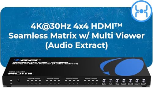 OREI 4x4 HDMI Matrix Switch 4K@30Hz Audio Extract RS-232 PIP EDID OSD 3.5mm | 4x4 Video Wall Controller – 10.2Gbps, Built-in Scaler, Seamless Switching, Optical & 3.5mm Audio Out, LPCM/AC3/DTS