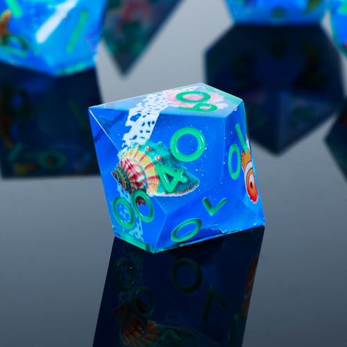 DND Dice Set 7-Pcs Sharp Edge Blue Marine Life Style Resin Dice Polyhedron Resin Sharp Edge dice Role-Playing Game RPG MTG Board Game (Marine Life - Green) - color: Marine Life - Green