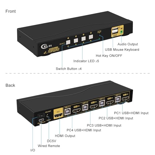 KVM Switch HDMI 4 Port wit Audio and 4 kit Cables, 4 Port HDMI KVM Switch Support 4K@60Hz 4:4:4, EDID, Hotkey Switching