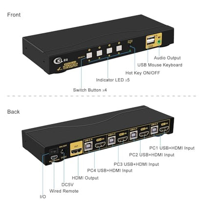 KVM Switch HDMI 4 Port wit Audio and 4 kit Cables, 4 Port HDMI KVM Switch Support 4K@60Hz 4:4:4, EDID, Hotkey Switching