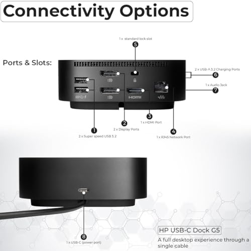 HP Docking Station for Laptop Dual Monitor and Charging Bundle - USB-C G5 Dock 5YH27AV#ABA with 120W Adapter + HDMI Cable + DisplayPort Cable + USB-C Cable + Microfiber Cloth (Renewed) - style: HP 5YH27AV#ABA Renewed
