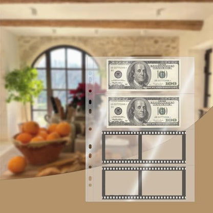 Mogoostry A4 Clear Sheet Protectors 4 Pocket Binder Sleeves 20 Sheets 11 Holes Side Open Banknote Protector Currency Collection Page Protector - color: 4-pocket