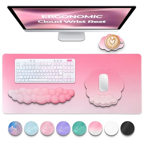 Premium Quality Cloud Wrist Rest Keyboard & Mouse Pad Set – Ergonomic Memory Foam Desk Accessories with Wrist Support for Office & Gaming – Pink Gradient - color: Pink-gradient