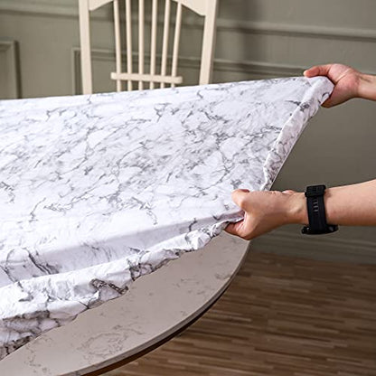 Walrus Round Vinyl Fitted Tablecloth with Flannel Backing Elastic Edge Design Table Cover Waterproof Oil-Proof PVC Table Cloth Stain-Resistant Best for 32"-36" Round - color: Marble, size: 36" (Round)