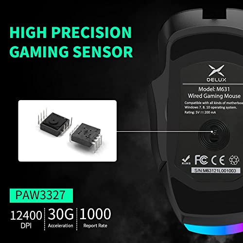 DELUX Wired MMO Gaming Mouse with 4 Interchangeable Side Plates, 12400DPI, 14 Programmable Buttons, RGB Light, 1000Hz Report Rate, Pro Ergonomic Gamer Mouse for PC Computer Laptop (M631-Black)