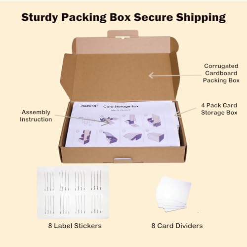 NUMINA 4 Pack Small Trading Card Storage Boxes Card Organizer with Dividers | 350 Cards Per Box, Secure Lid Design, Shipping Ready, Dividers & Labels Included, Heavy-Duty Cardboard, Fits TCG & Sports - size: 6 in (4-Pack)