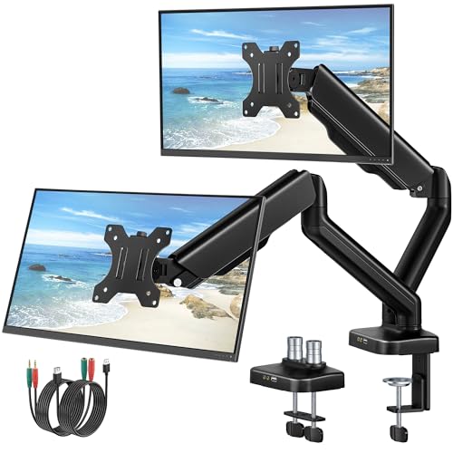 monTEK Dual Monitor Arm with USB Ports for 17-32" Screen up to 19.8 lbs | USB/audio ports for workspace, mechanical spring, full motion for flat/curved screens, clamp/grommet bases and VESA 75/100 - size: Dual Arm with USB