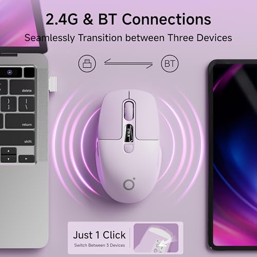 Wireless Bluetooth Mouse with Visible Battery & DPI Screen, Multi-Device BT & 2.4G Computer Mouse, 500 mAh Rechargeable, 1600DPI, Silent Portable Optical Mice for Laptop, PC, Mac, iPad - Purple - color: Purple