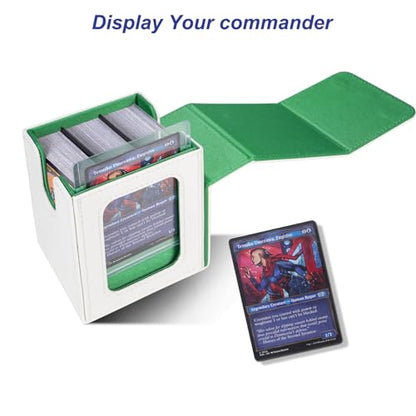 AFIING MTG Deck Box for Commander Display,Card Deck case Fits 100 Double Sleeved Cards, Magic Commander TCG Card Storage Box with 2 Dividers,Dice Bag and 1 Toploader(Whtie Green) - color: Commander White Green
