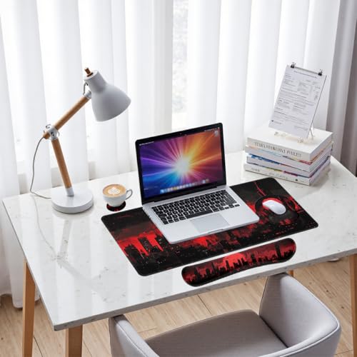 Dark City Desk Mat Set Red Moon Gothic Skyline Neon Mouse Pad with Wrist Rest 4in1 Desk Mat for Desktop Ergonomic Computer Desk Arm Wrist Anti-Slip Computer Ergonomic Mouse Pad Home Office Gaming - color: Dark City
