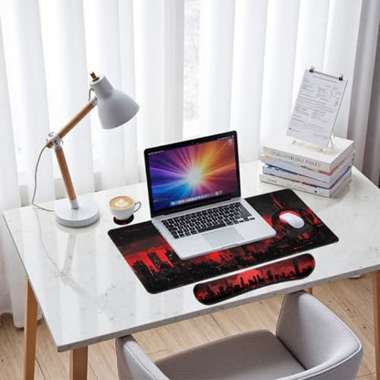 Dark City Desk Mat Set Red Moon Gothic Skyline Neon Mouse Pad with Wrist Rest 4in1 Desk Mat for Desktop Ergonomic Computer Desk Arm Wrist Anti-Slip Computer Ergonomic Mouse Pad Home Office Gaming - color: Dark City