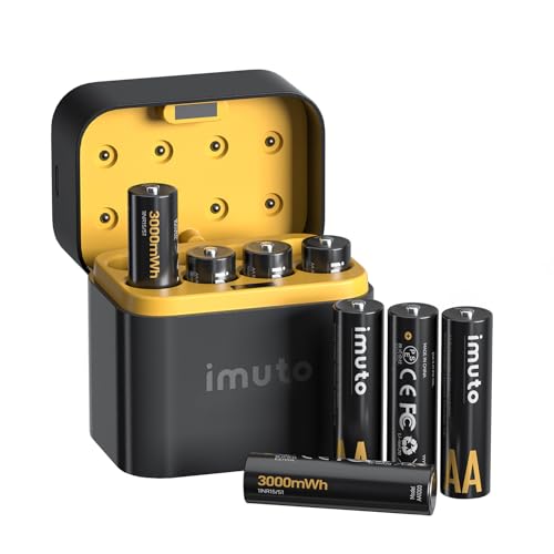 imuto Rechargeable aa Batteries with Charger, 3000mWh 8 Pack 1.5V 2A Output | Lithium Batteries aa, 8 Slot Storage Case Lithium aa Battery Charger, 1.5V 2A Output, 2500+ Cycle Life, 2.5H Fast Charging
