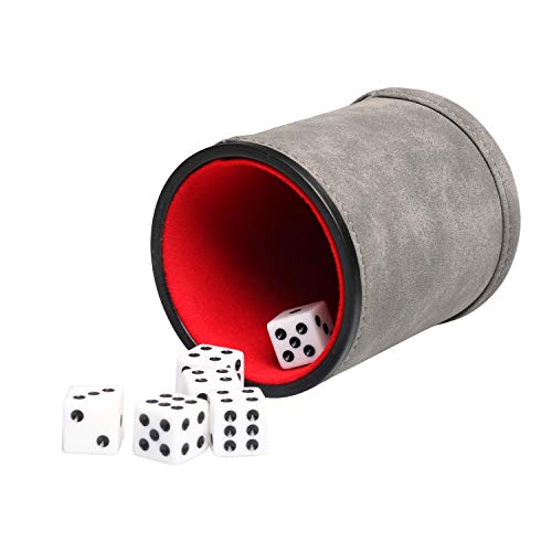Leatherette Dice Cup Set with 6 Dices, Felt Lining Inside Quiet for Playing Liars Dice Farkle Board Games - color: Grey