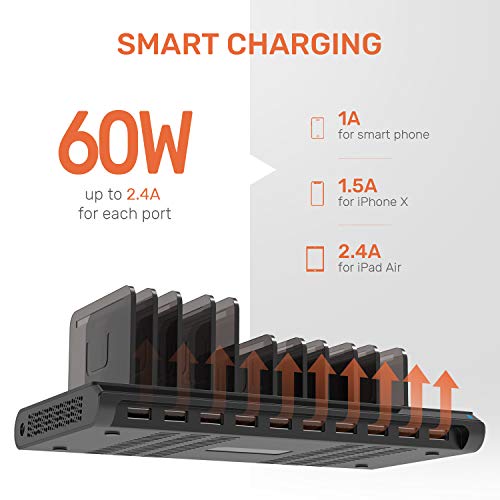 Alxum 10 Port USB Charging Station, 60W Mobile Charging Station with Multi-Port USB Fast Charger Stand for Mobile Phone, Tablet and More,Black - size: 60W (10 Ports)