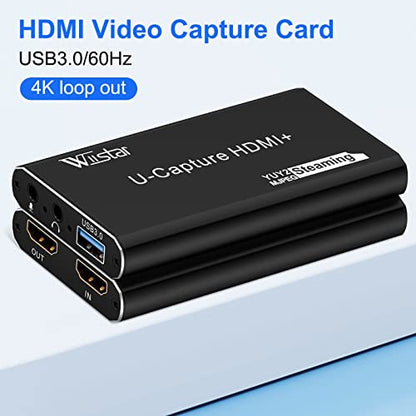 Wiistar USB Audio Video Capture Card 1080P60 HDMI to USB3.0 Video Capture | Support YUY2 with Microphone 4K30Hz HDMI Loopout for Game Recording Live Streaming PS4 Compatible with Windows Mac OS System