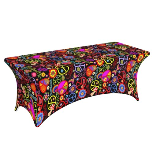 Famame Colorful Hippie Peace Love Pattern Rectangular Fitted Tablecloth- 6Ft Stretch Spandex Table Covers Patio Design Tablecloths for Wedding Banquet Party (72Lx30Wx30H) - color: Hippie Peace Pattern, size: 3" x 1" (Rectangular)