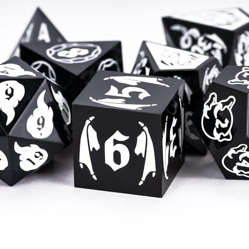 Cusdie 7-Piece Sharp Edges DND Dice Set with Dragon Pattern - Perfect for Tabletop RPGs Board Games Gifting and Collecting(Black with White Number) - color: Dragon Pattern B/W