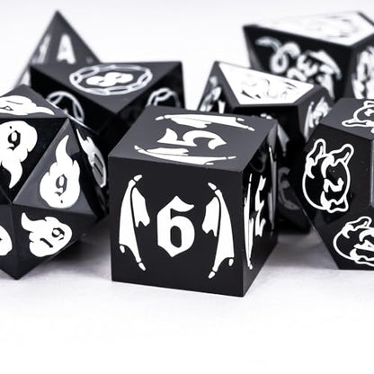 Cusdie 7-Piece Sharp Edges DND Dice Set with Dragon Pattern - Perfect for Tabletop RPGs Board Games Gifting and Collecting(Black with White Number) - color: Dragon Pattern B/W
