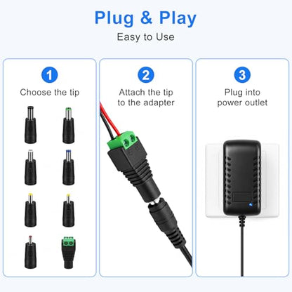 inShareplus 12V 3A Power Supply Adapter with 8 DC Tips, Universal AC to DC 12 Volt 36W Adapter for LED Strip Lights, Routers, DVR Systems and Other 12V Devices - size: 12V3A 36W